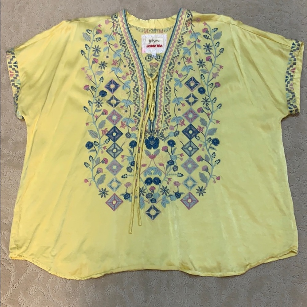 Johnny Was Yellow Embroidered V-Neck Peasant Blouse